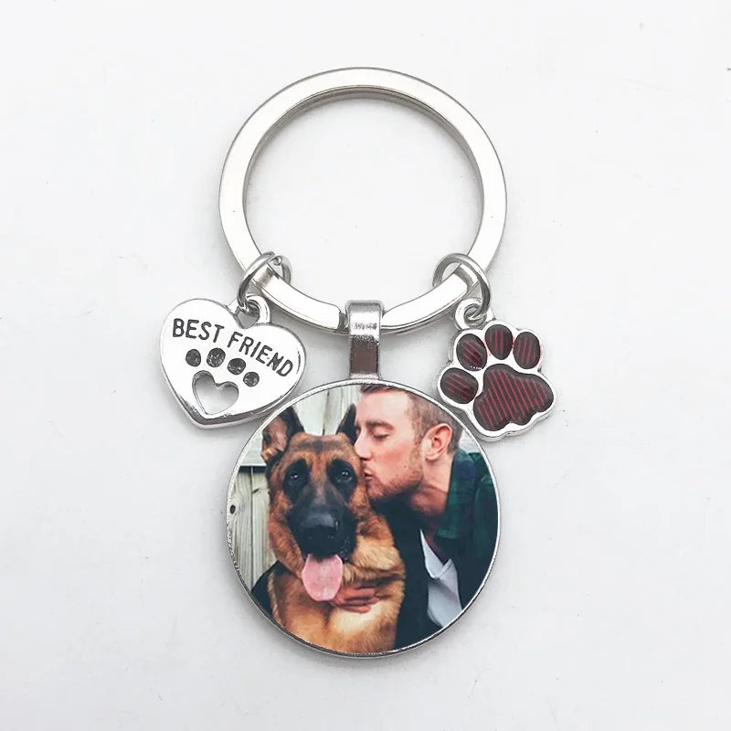 Custom Pet Photo Round Keychain With Paw Heart