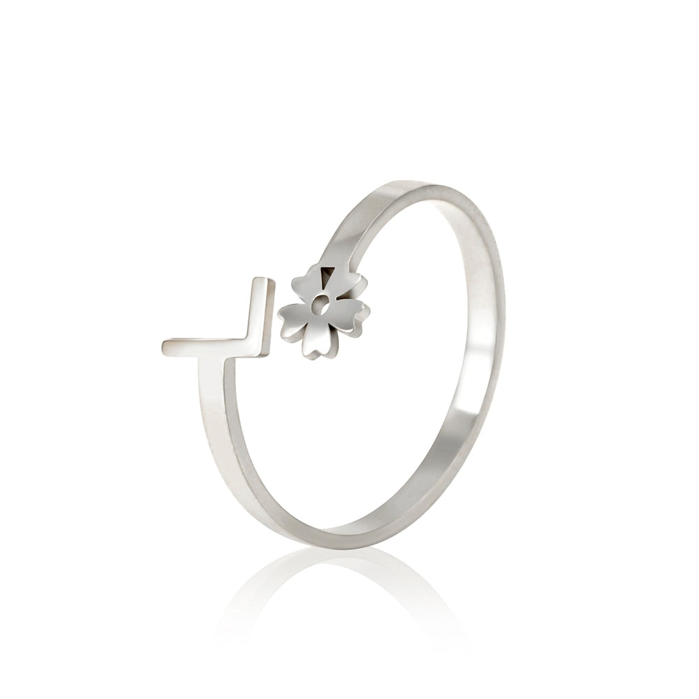 Stainless Steel Flower 26 Alphabet Open Ring for Women A-Z Initial Name Ring 2022 New Fashion Jewelry for Birthday Gift - HAS SHOP