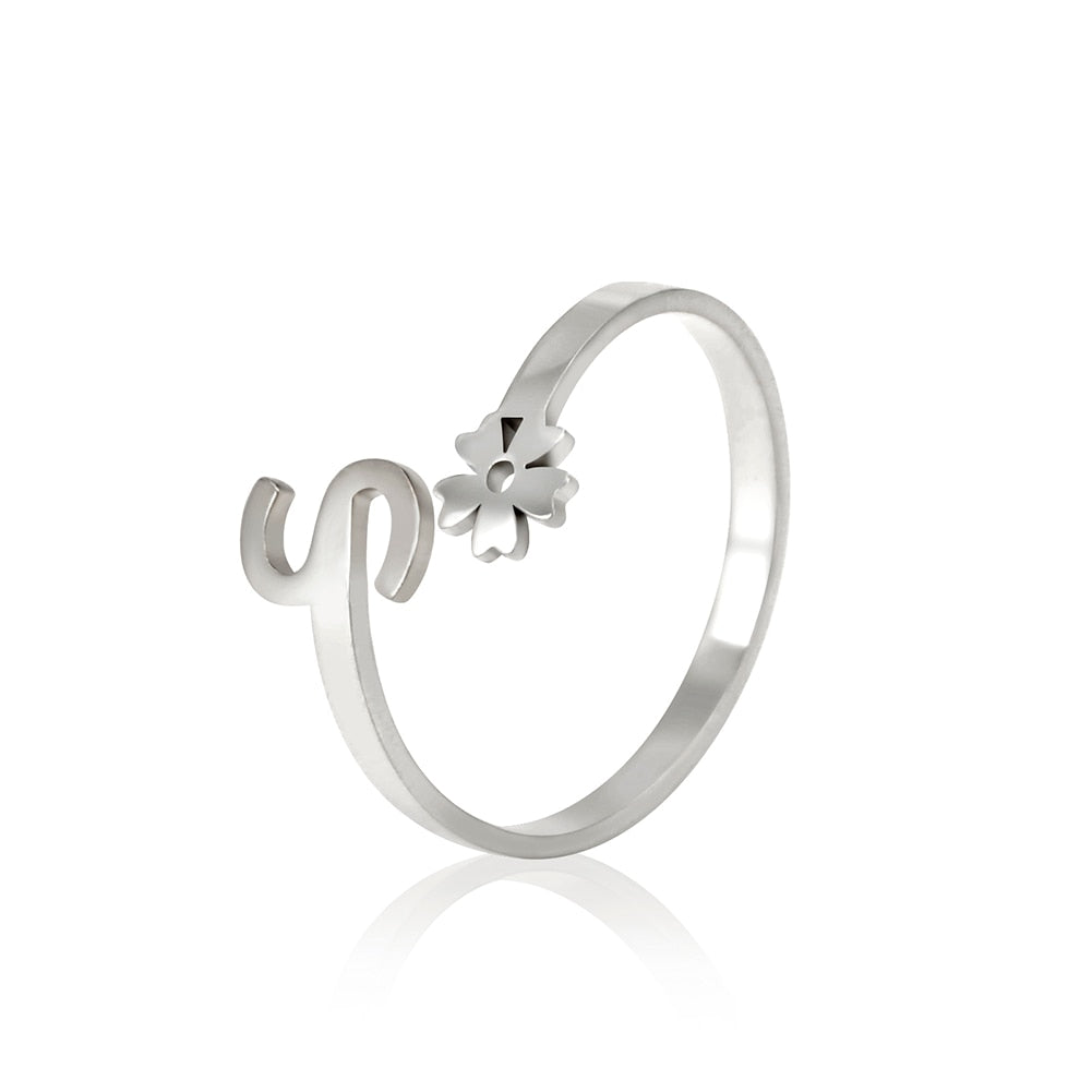 Stainless Steel Flower 26 Alphabet Open Ring for Women A-Z Initial Name Ring 2022 New Fashion Jewelry for Birthday Gift - HAS SHOP