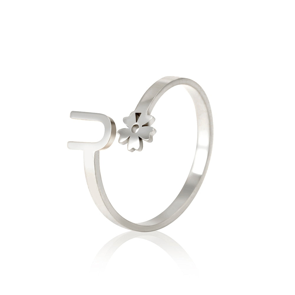 Stainless Steel Flower 26 Alphabet Open Ring for Women A-Z Initial Name Ring 2022 New Fashion Jewelry for Birthday Gift - HAS SHOP