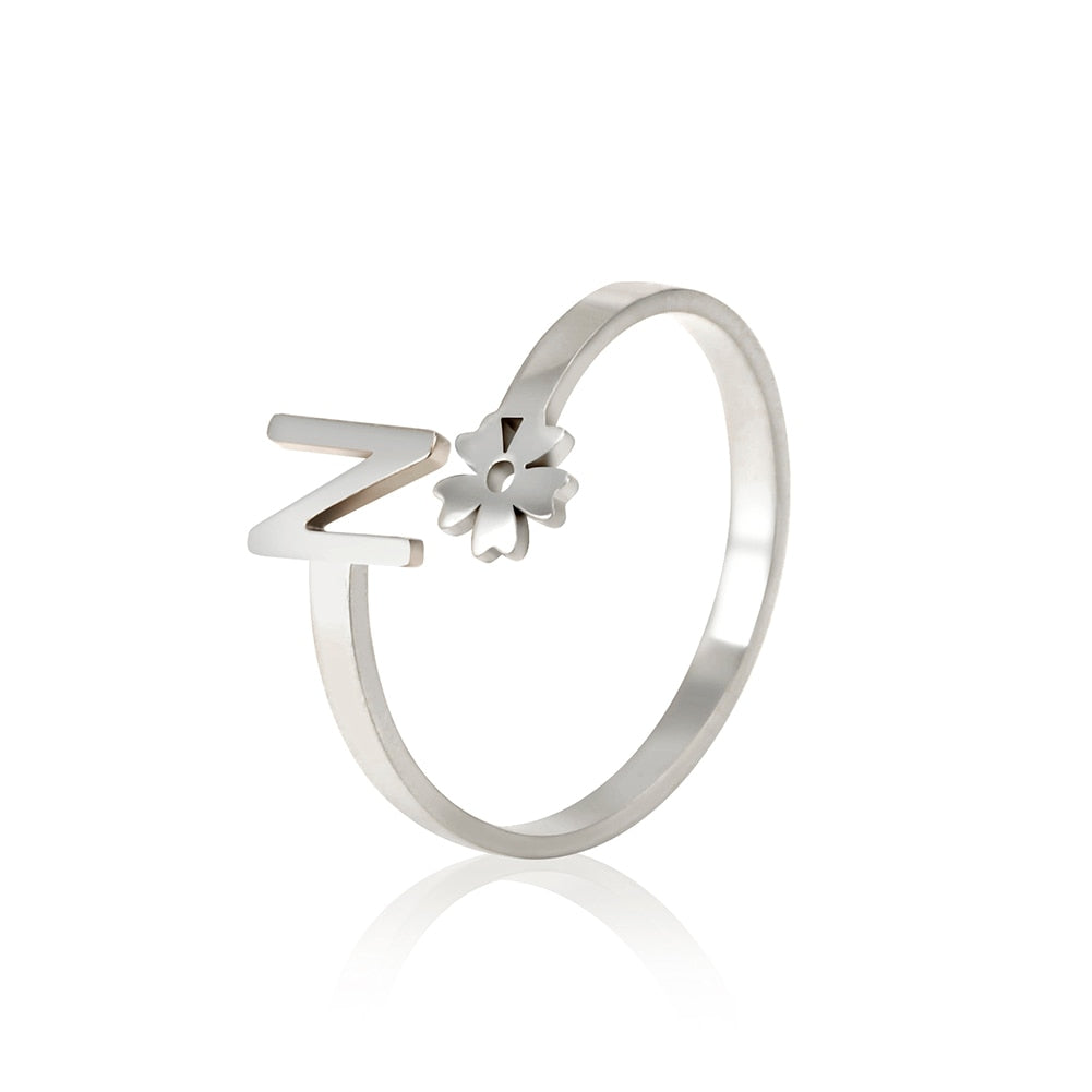 Stainless Steel Flower 26 Alphabet Open Ring for Women A-Z Initial Name Ring 2022 New Fashion Jewelry for Birthday Gift - HAS SHOP