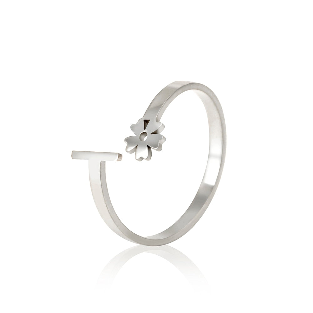 Stainless Steel Flower 26 Alphabet Open Ring for Women A-Z Initial Name Ring 2022 New Fashion Jewelry for Birthday Gift - HAS SHOP