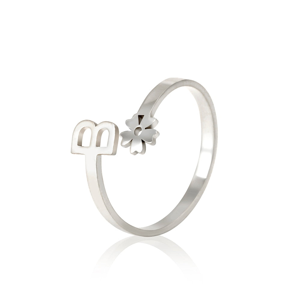 Stainless Steel Flower 26 Alphabet Open Ring for Women A-Z Initial Name Ring 2022 New Fashion Jewelry for Birthday Gift - HAS SHOP