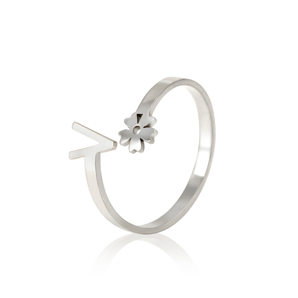 Stainless Steel Flower 26 Alphabet Open Ring for Women A-Z Initial Name Ring 2022 New Fashion Jewelry for Birthday Gift - HAS SHOP