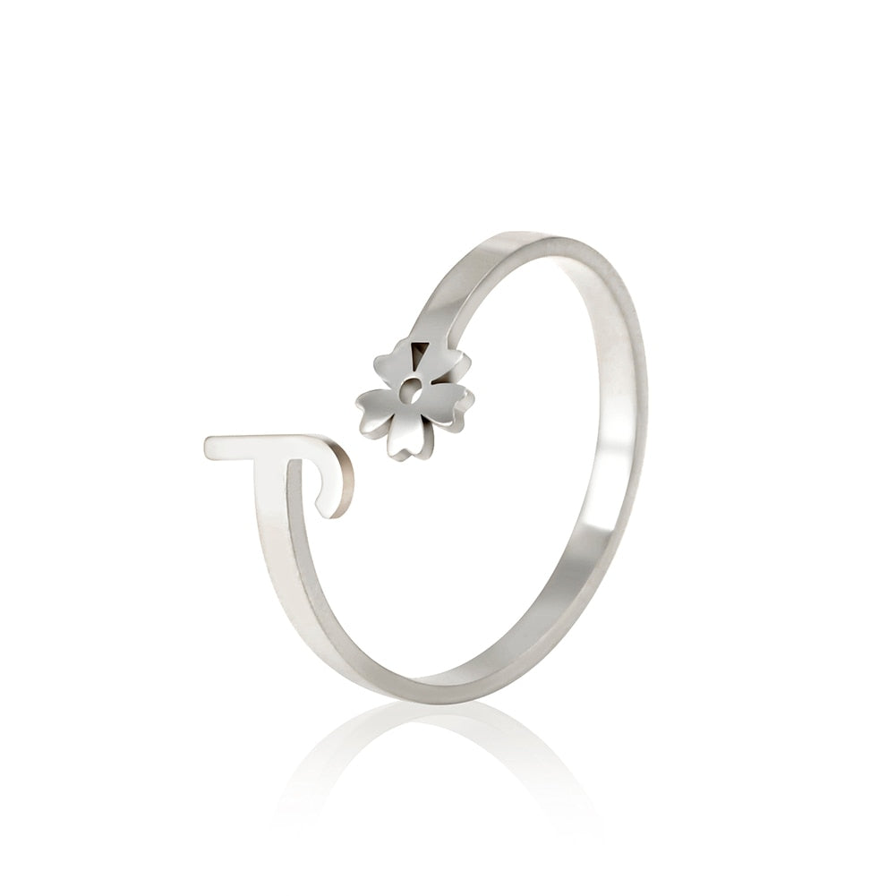 Stainless Steel Flower 26 Alphabet Open Ring for Women A-Z Initial Name Ring 2022 New Fashion Jewelry for Birthday Gift - HAS SHOP