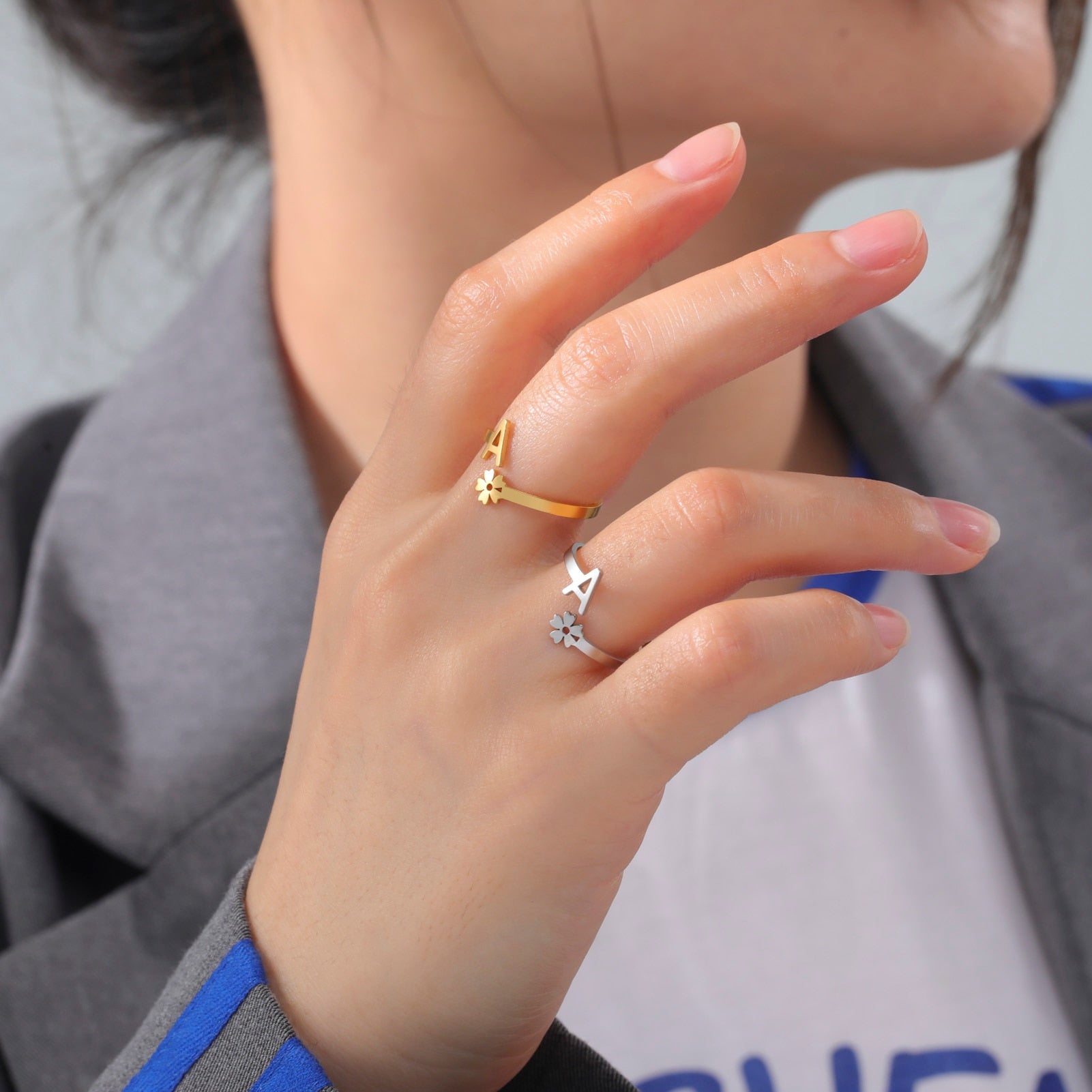 Stainless Steel Flower 26 Alphabet Open Ring for Women A-Z Initial Name Ring 2022 New Fashion Jewelry for Birthday Gift - HAS SHOP
