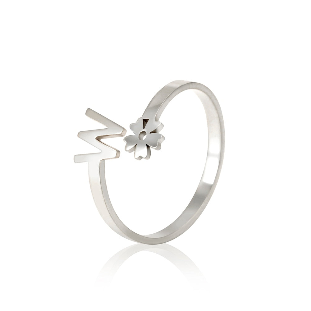 Stainless Steel Flower 26 Alphabet Open Ring for Women A-Z Initial Name Ring 2022 New Fashion Jewelry for Birthday Gift - HAS SHOP