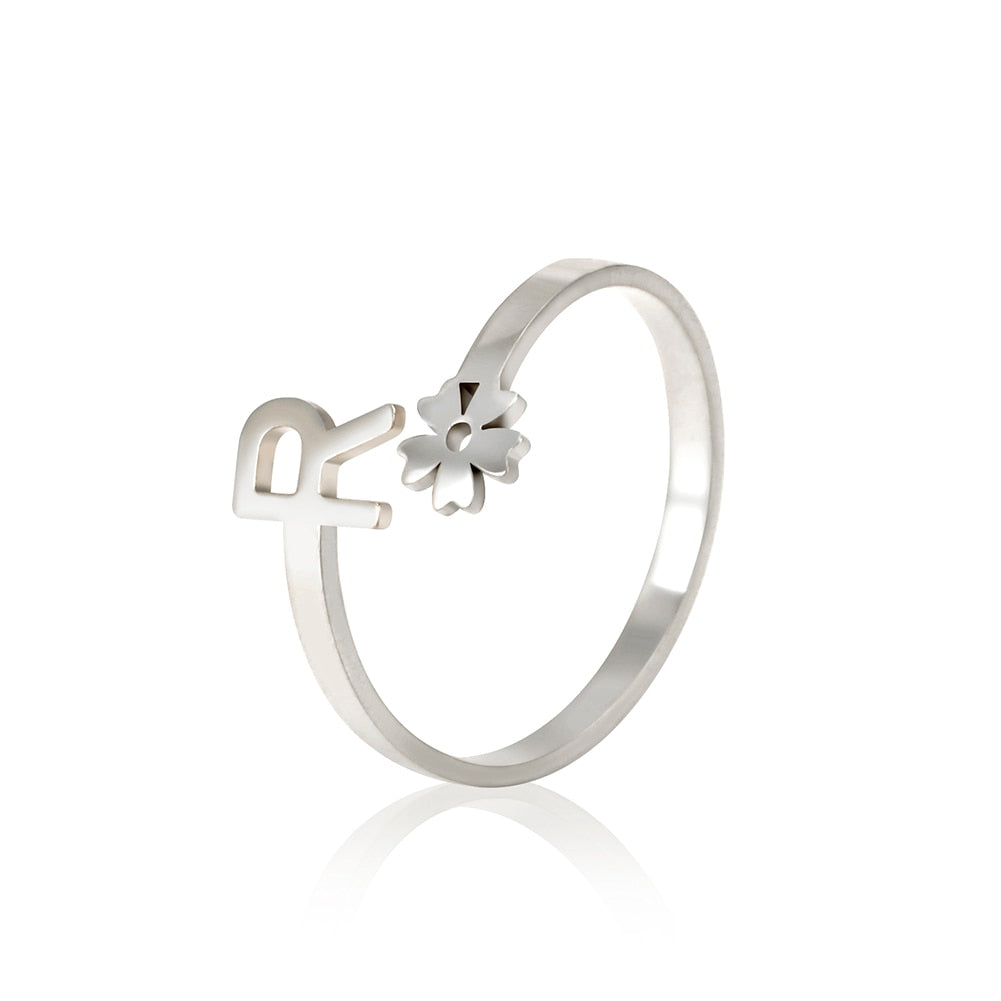 Stainless Steel Flower 26 Alphabet Open Ring for Women A-Z Initial Name Ring 2022 New Fashion Jewelry for Birthday Gift - HAS SHOP