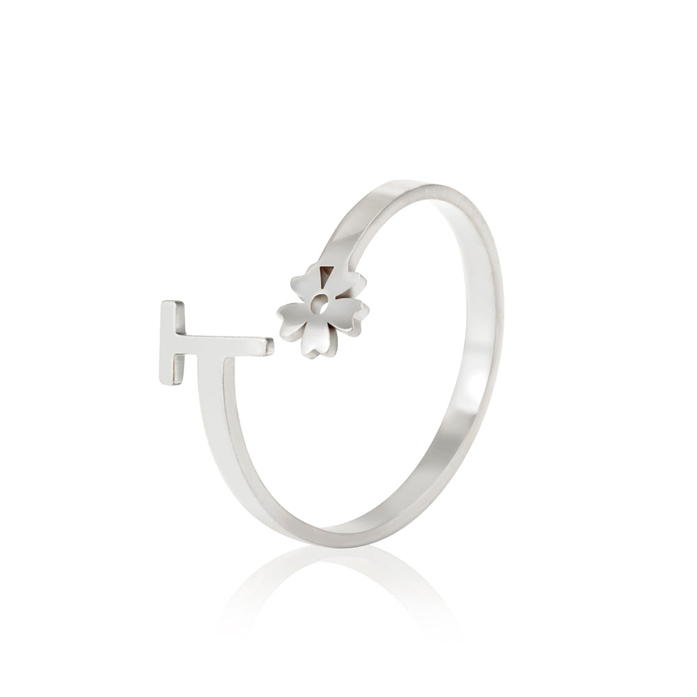 Stainless Steel Flower 26 Alphabet Open Ring for Women A-Z Initial Name Ring 2022 New Fashion Jewelry for Birthday Gift - HAS SHOP