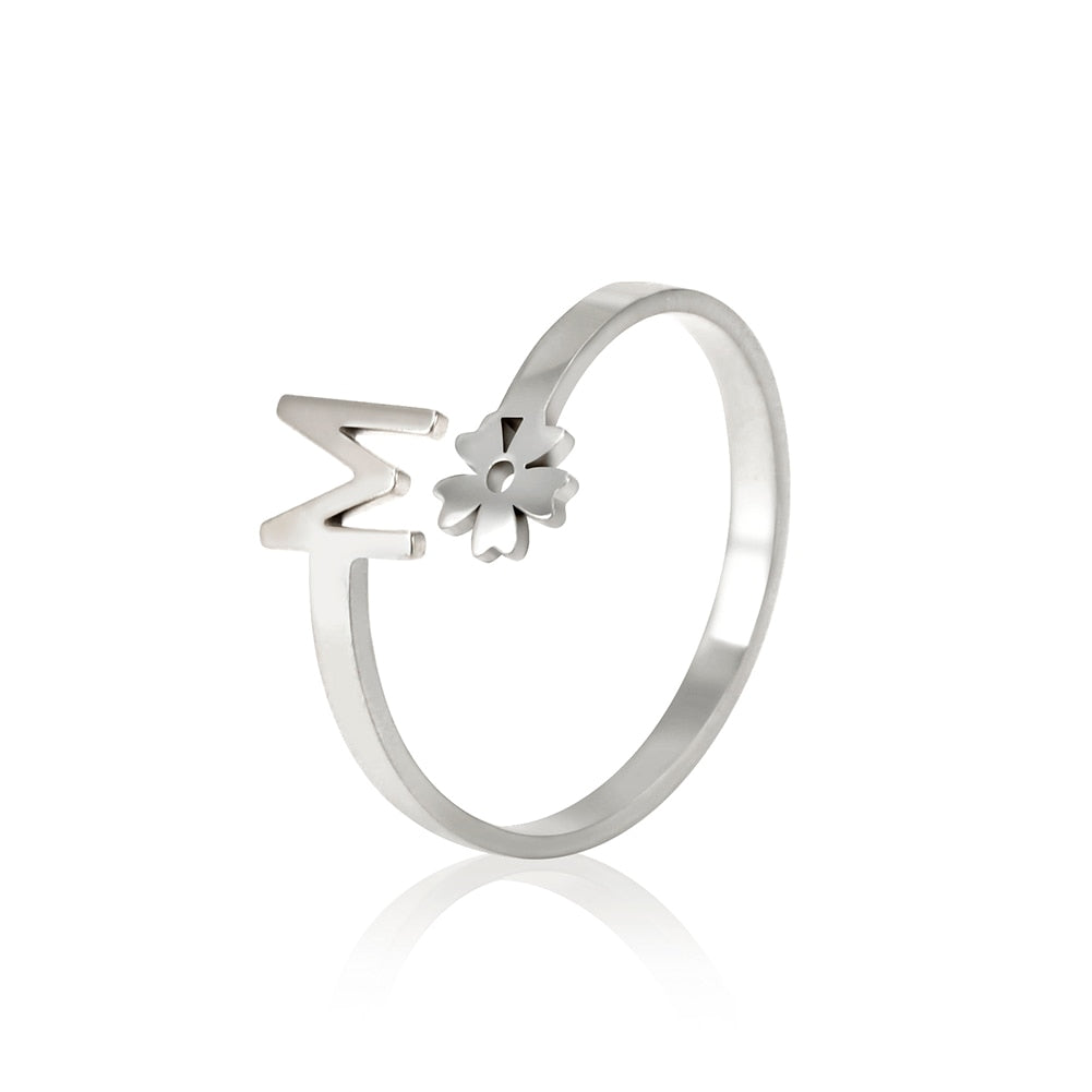 Stainless Steel Flower 26 Alphabet Open Ring for Women A-Z Initial Name Ring 2022 New Fashion Jewelry for Birthday Gift - HAS SHOP